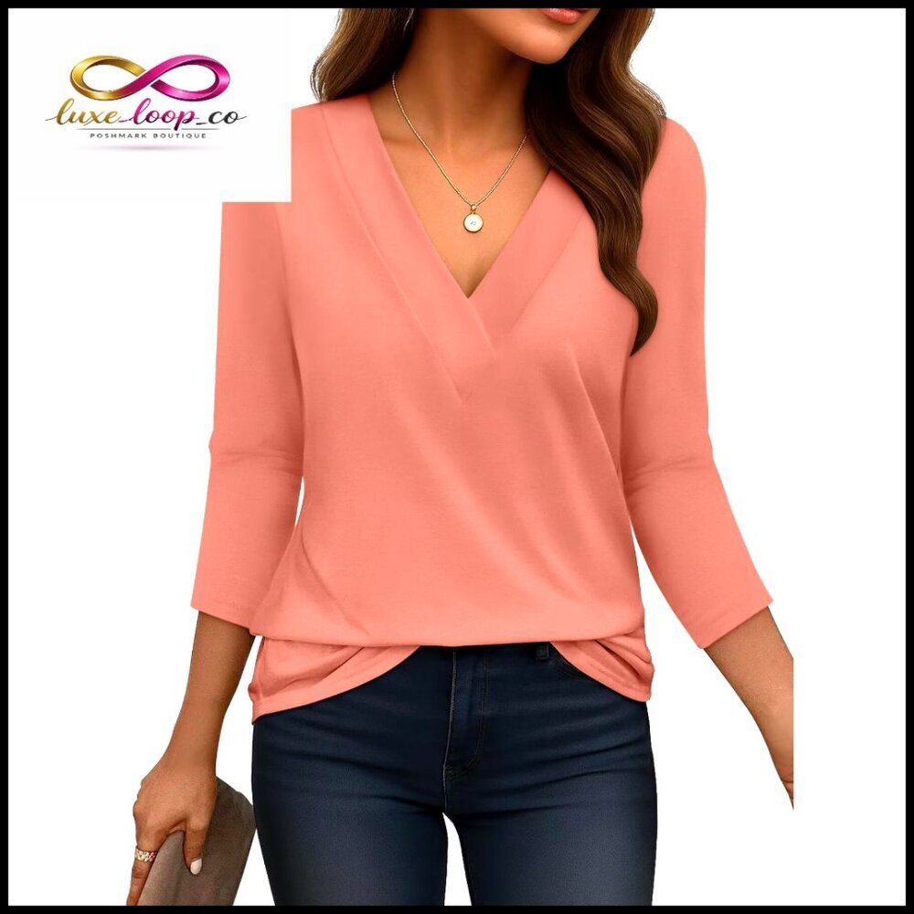 Women's 3/4 Sleeve V-Neck T-Shirt Loose Fit Soft Basic Top